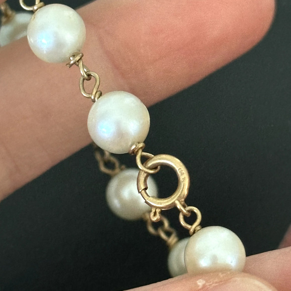Vintage 14K Yellow Gold Genuine Pearl 6MM Cream Station Bracelet 6.5" - Picture 7 of 14